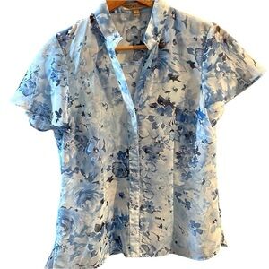 Notations Sheer Button Down Top Floral Collared Blouse Size M